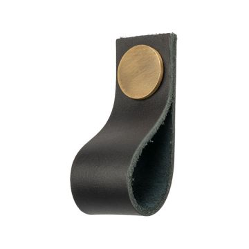 Leather Drawer Pull 'Plain' Black Leather / Brushed Brass