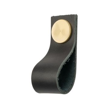 Leather Drawer Pull 'Plain' Black Leather / Polished Brass