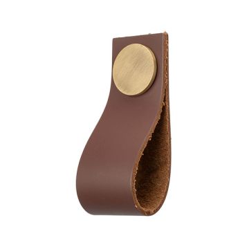 Leather Drawer Pull 'Plain' Brown Leather / Brushed Brass