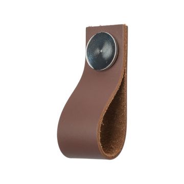 Leather Drawer Pull 'Plain' Brown Leather / Polished Chrome