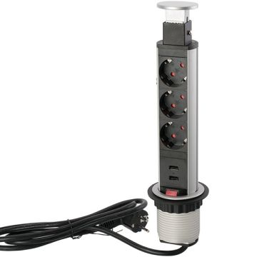 Power outlet 'PopUp' Ø 60 mm 3 x Sockets 2 x USB Silver