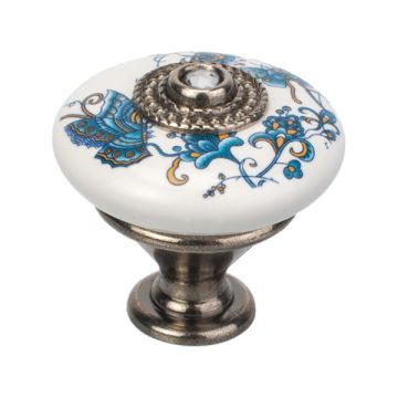 Cabinet Knob "Taza" White Porcelain / Antique Silver / Blue