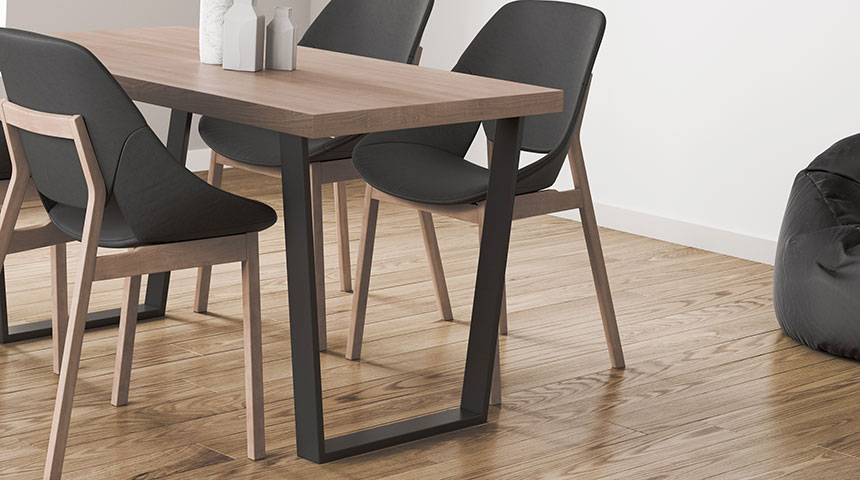 Table legs A trapezoid and X mounted on dining and office tables