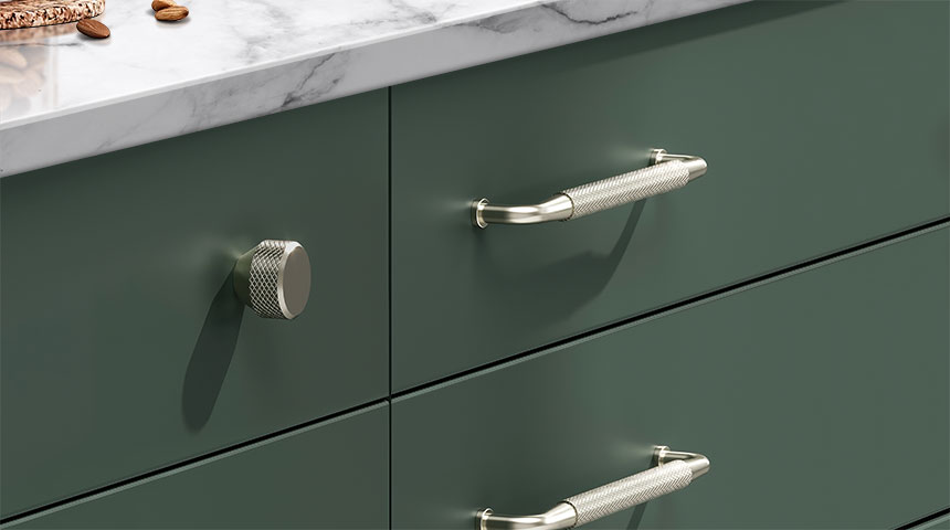 Mesh knobs in stainless steel look, brass and black with knurled texture