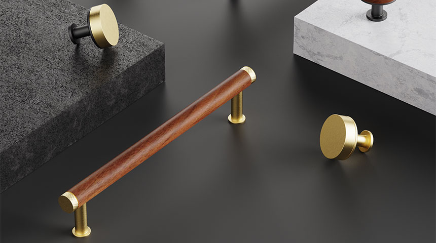 Luxury handles and knobs in walnut and brass from Qupon collection