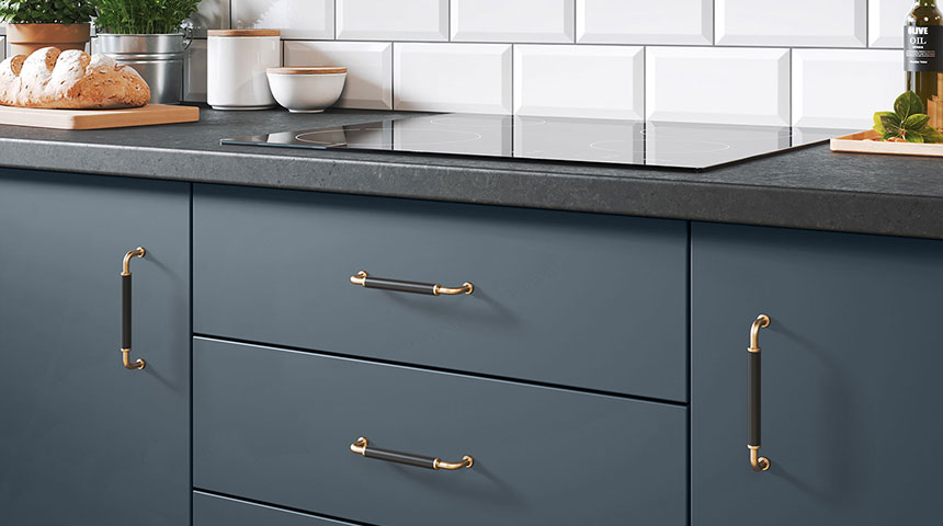 D Handle Club on blue cabinet doors