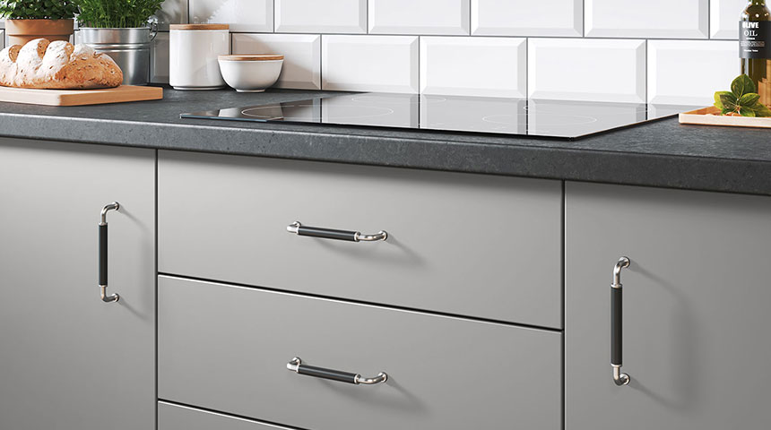 D Handle Club on grey cabinet doors
